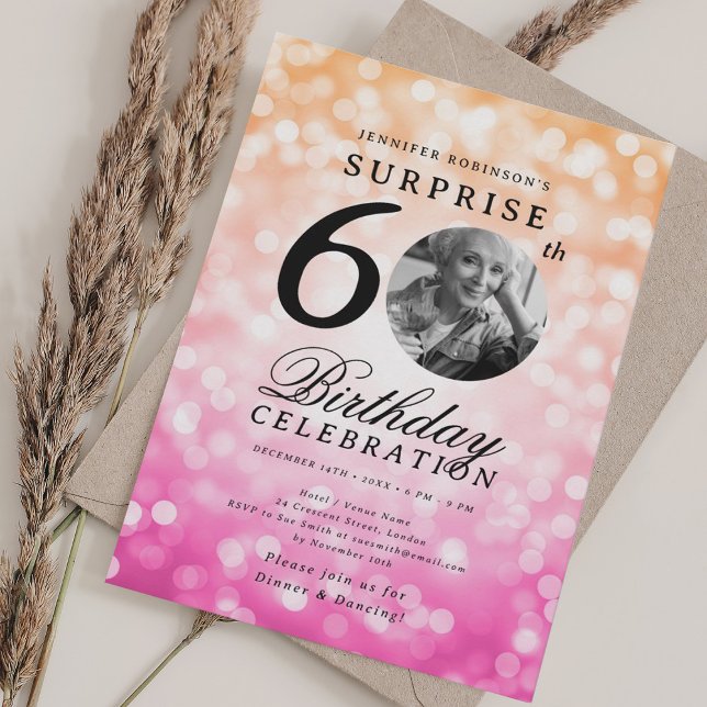 SURPRISE Photo 60th Birthday Orange Pink Bokeh Invitation (SURPRISE Photo 60th Birthday Orange Pink Bokeh Invitation)