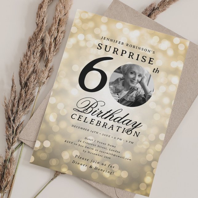 SURPRISE Photo 60th Birthday Party Gold Bokeh Invitation (SURPRISE Photo 60th Birthday Party Gold Bokeh Invitation)