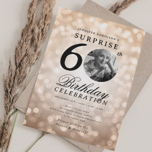 SURPRISE Photo 60th Birthday Party Rose Gold Bokeh Invitation