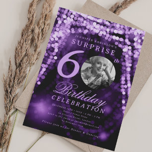 SURPRISE Photo 60th Birthday Purple Glam Lights Invitation