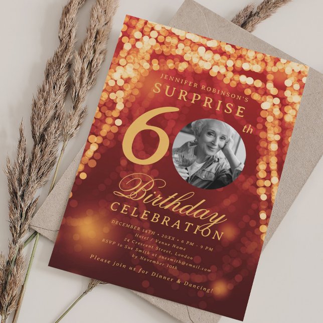 SURPRISE Photo 60th Birthday Red Gold Glam Lights Invitation (SURPRISE Photo 60th Birthday Red Gold Glam Lights Invitation)