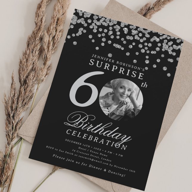 SURPRISE Photo 60th Birthday Silver Confetti Black Invitation (SURPRISE Photo 60th Birthday Silver Confetti Black Invitation)