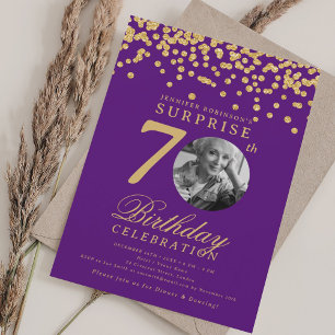 SURPRISE Photo 70 Birthday Gold Confetti Purple Invitation