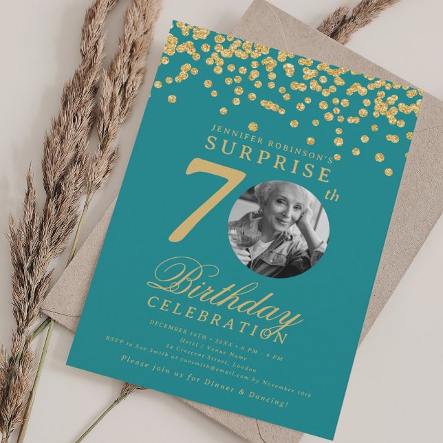 SURPRISE Photo 70 Birthday Gold Confetti Turquoise Invitation (SURPRISE Photo 70 Birthday Gold Confetti Turquoise Invitation)
