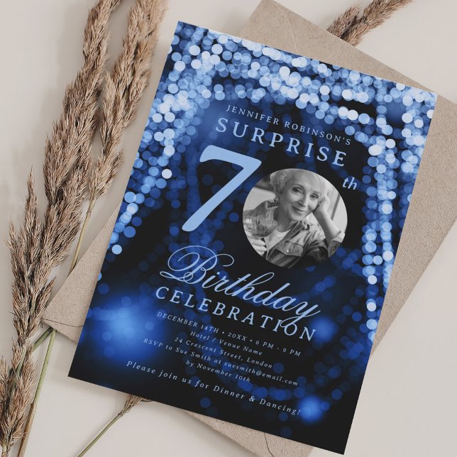 SURPRISE Photo 70th Birthday Blue Glam Lights  Invitation (SURPRISE Photo 70th Birthday Blue Glam Lights Invitation)