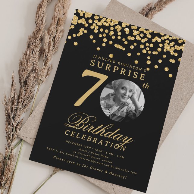 SURPRISE Photo 70th Birthday Gold Confetti Black Invitation (SURPRISE Photo 70th Birthday Gold Confetti Black Invitation)