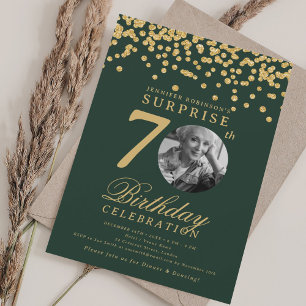 SURPRISE Photo 70th Birthday Gold Confetti Green Invitation