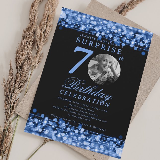 SURPRISE Photo 70th Birthday Navy Blue Lights Invitation (SURPRISE Photo 70th Birthday Navy Blue Lights Invitation)