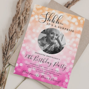 SURPRISE Photo 70th Birthday Ombre Pink Bokeh Invitation