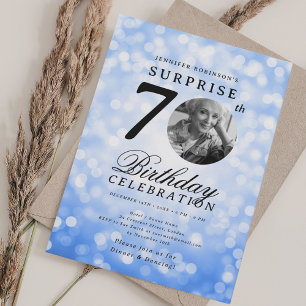 SURPRISE Photo 70th Birthday Party Navy Blue Bokeh Invitation