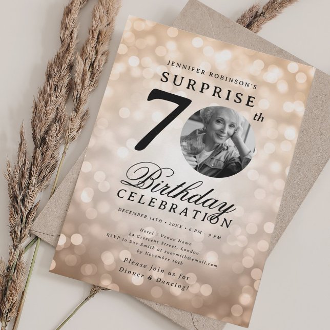 SURPRISE Photo 70th Birthday Party Rose Gold Bokeh Invitation (SURPRISE Photo 70th Birthday Party Rose Gold Bokeh Invitation)