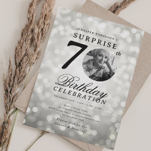 SURPRISE Photo 70th Birthday Party Silver Bokeh Invitation