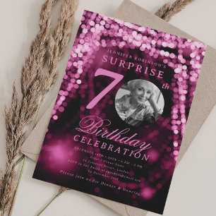 SURPRISE Photo 70th Birthday Pink Glam Lights  Invitation