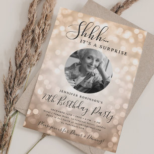 SURPRISE Photo 70th Birthday Rose Gold Bokeh Invitation