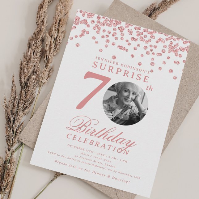 SURPRISE Photo 70th Birthday Rose Gold Confetti Invitation (SURPRISE Photo 70th Birthday Rose Gold Confetti Invitation)