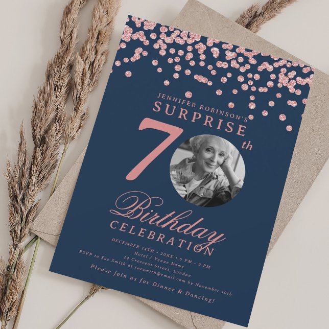 SURPRISE Photo 70th Birthday Rose Gold Navy Blue  Invitation (SURPRISE Photo 70th Birthday Rose Gold Navy Blue Invitation)