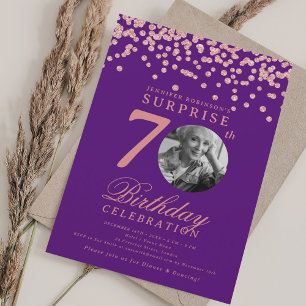 SURPRISE Photo 70th Birthday Rose Gold Purple  Invitation