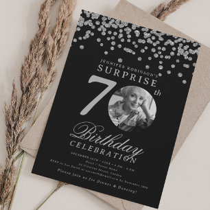 SURPRISE Photo 70th Birthday Silver Black  Invitation