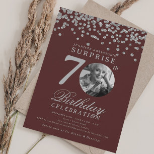 SURPRISE Photo 70th Birthday Silver Burgundy  Invitation