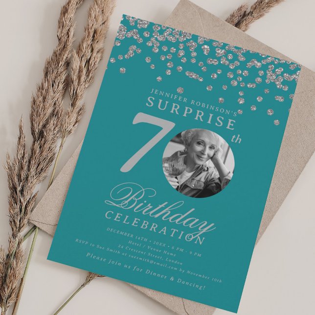 SURPRISE Photo 70th Birthday Silver Turquoise  Invitation (SURPRISE Photo 70th Birthday Silver Turquoise Invitation)