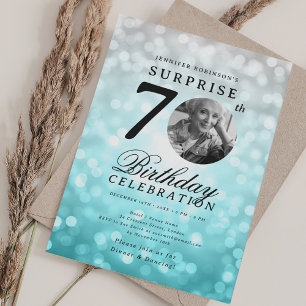 SURPRISE Photo 70th Birthday Teal Silver Bokeh Invitation