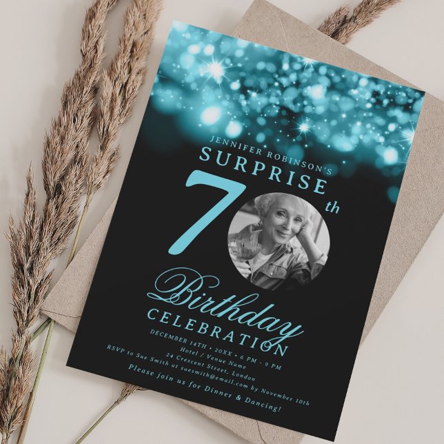 SURPRISE Photo 70th Birthday Turquoise Midnight  Invitation (SURPRISE Photo 70th Birthday Turquoise Midnight Invitation)