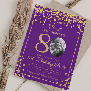 SURPRISE Photo 80 Birthday Gold Confetti Purple Invitation