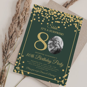 SURPRISE Photo 80th Birthday Gold Confetti Green Invitation