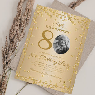 SURPRISE Photo 80th Birthday Gold Glam Confetti Invitation