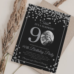 SURPRISE Photo 90th Birthday Silver Confetti Invitation