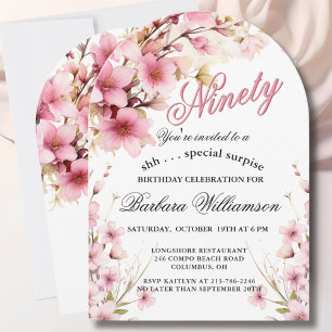 SURPRISE Pink Floral Arch Elegant 90th Birthday Invitation
