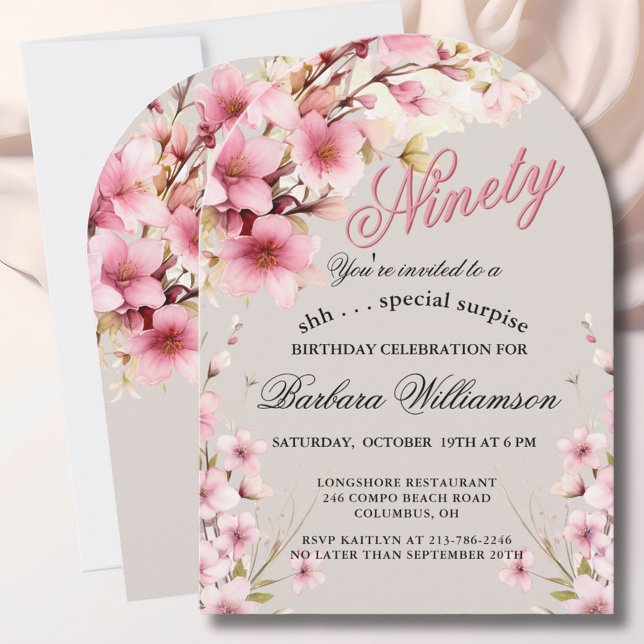 SURPRISE Pink Floral Arch Elegant 90th Birthday  Invitation (Creator Uploaded)