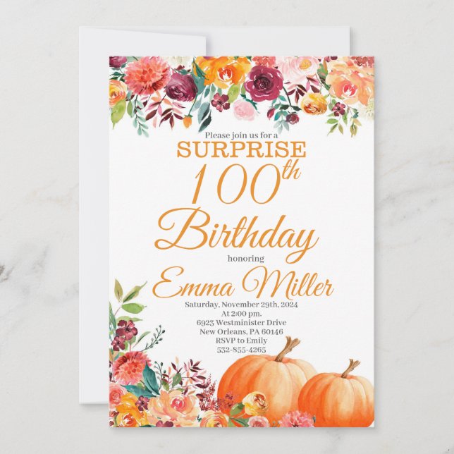 Surprise Pumpkins Fall 100th Birthday Invitation (Front)