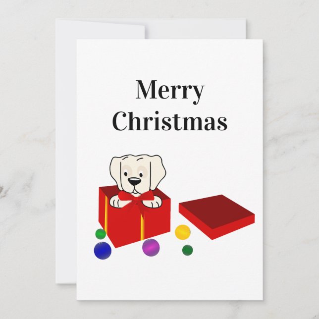 Surprise Puppy in a Red Gift Box Christmas Holiday Card (Front)