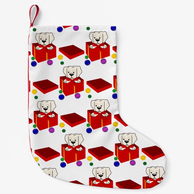 Surprise Puppy in a Red Gift Box Small Christmas Stocking (Front)