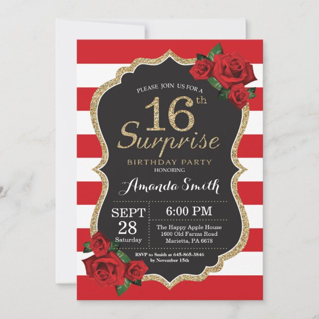 Surprise Red Rose 16th Birthday Invitation Gold (Front)