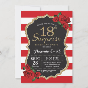 Surprise Red Rose 18th Birthday Invitation Gold