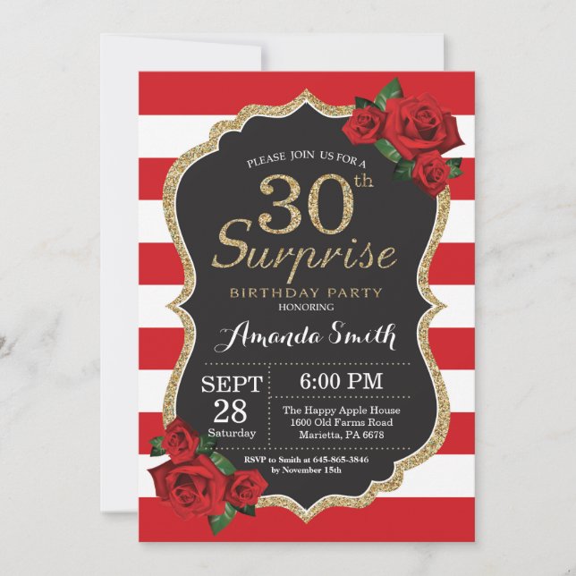 Surprise Red Rose 30th Birthday Invitation Gold (Front)