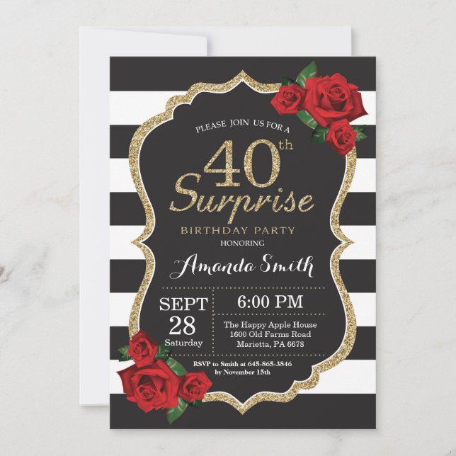 Surprise Red Rose 40th Birthday Invitation Gold (Front)