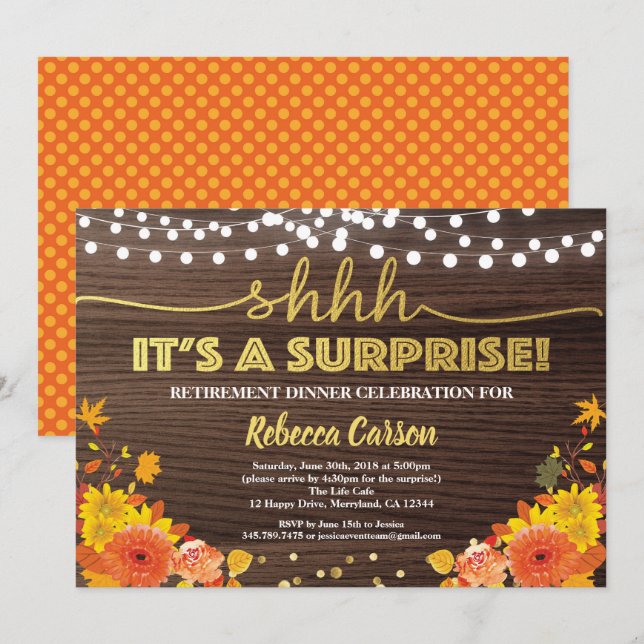 Surprise retirement dinner fall thanksgiving wood invitation (Front/Back)