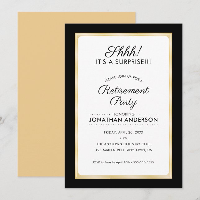 Surprise Retirement Party | Black and Gold Invitation (Front/Back)