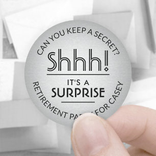 Surprise Retirement Party Black & Silver Faux Foil Classic Round Sticker