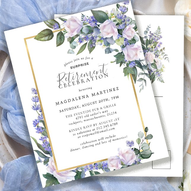 Surprise Retirement Party Blue White invitation Postcard (Creator Uploaded)