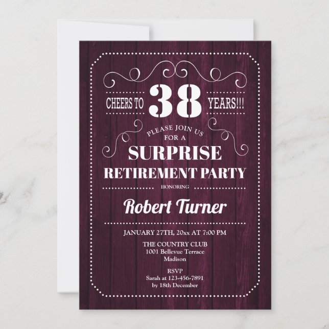 Surprise Retirement Party - Burgundy Wood Pattern Invitation (Front)