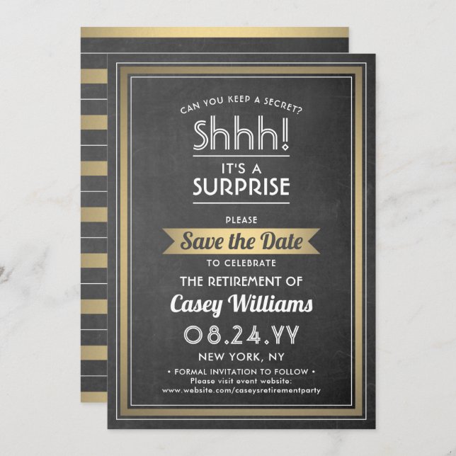 Surprise Retirement Party Chalkboard Black & Gold Save The Date (Front/Back)