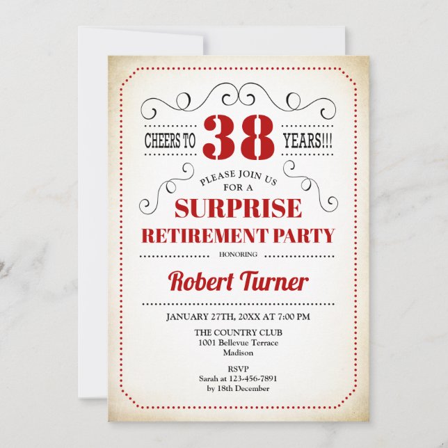 Surprise Retirement Party - Dark Red White Invitation (Front)