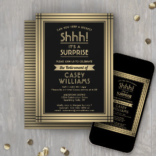 Surprise Retirement Party Elegant Black and Gold Invitation