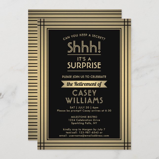 Surprise Retirement Party Elegant Black and Gold Invitation (Front/Back)