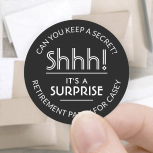Surprise Retirement Party Elegant Black and White Classic Round Sticker