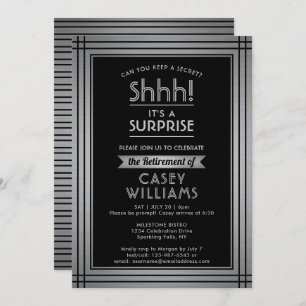 Surprise Retirement Party Elegant Black Silver Invitation